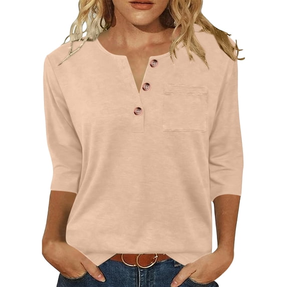 Jewelreauty 3/4 Sleeve T Shirts for Women with Buttons Henley V Neck Base Tees Casual Summer Tops Solid Color (XL, Khaki)