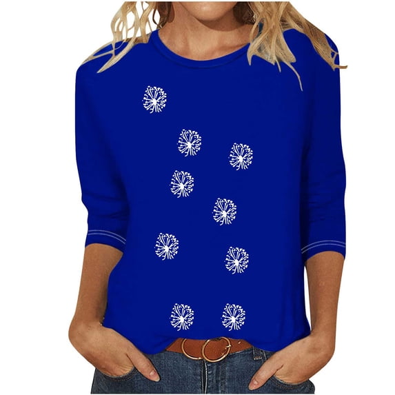 Jewelreauty 3/4 Sleeve Tunic Tops for Women Cute Floral Print Crewneck Basic Tees Casual Loose Summer Clothes (L, Blue)