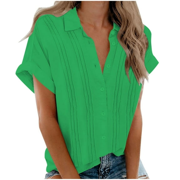 Jewelreauty Button Blouses for Women Casual Short Sleeve Lapel Neck Tunic Shirts Summer Solid Pleated Tops (3XL, Green)