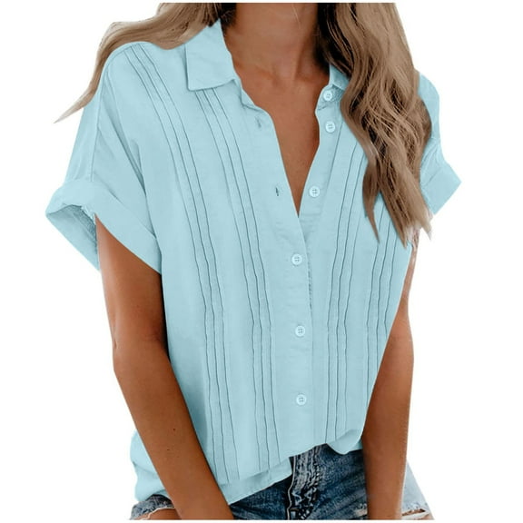 Jewelreauty Button Blouses for Women Casual Short Sleeve Lapel Neck Tunic Shirts Summer Solid Pleated Tops (3XL, Light Blue)