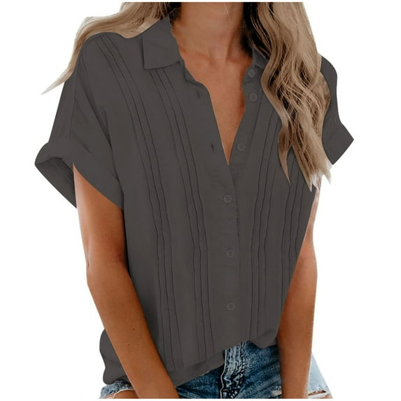Jewelreauty Button Blouses for Women Casual Short Sleeve Lapel Neck Tunic Shirts Summer Solid Pleated Tops (S, Gray)