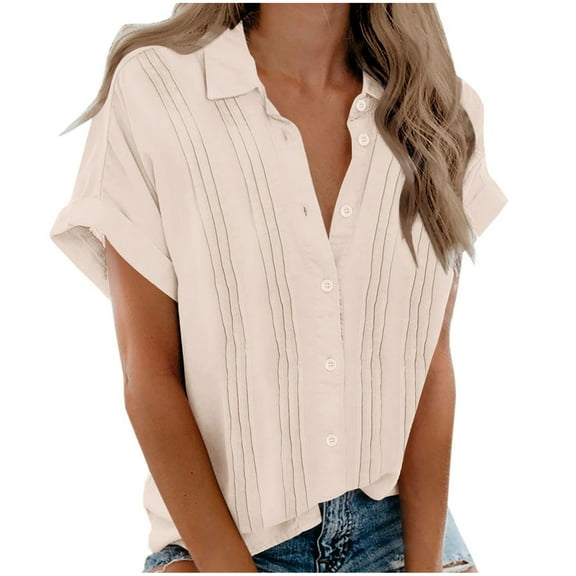 Jewelreauty Button Blouses for Women Casual Short Sleeve Lapel Neck Tunic Shirts Summer Solid Pleated Tops (XL, Beige)