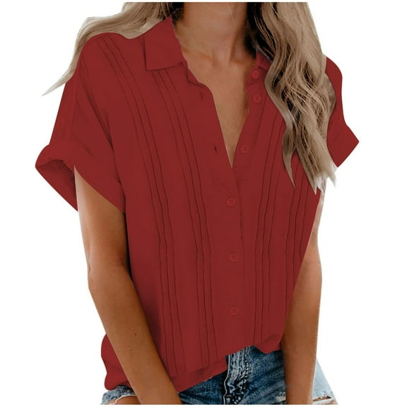 Jewelreauty Button Blouses for Women Casual Short Sleeve Lapel Neck Tunic Shirts Summer Solid Pleated Tops (XL, Red)