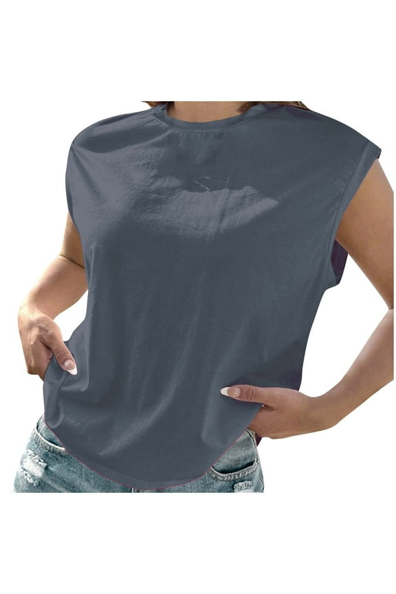 Cap Sleeve Shirts Women Crew Neck Casual Loose Solid Color T-Shirts Pullover Lightweight Basic Tops (2XL, Navy)
