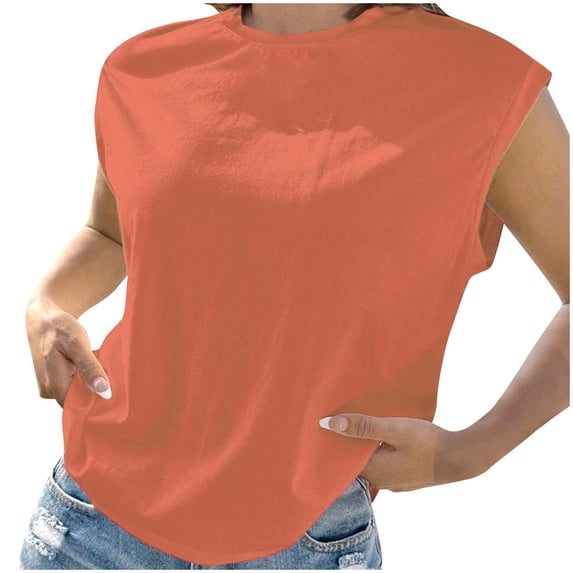 Jewelreauty Cap Sleeve Shirts Women Crew Neck Casual Loose Solid Color T-Shirts Pullover Lightweight Basic Tops (M, Orange)