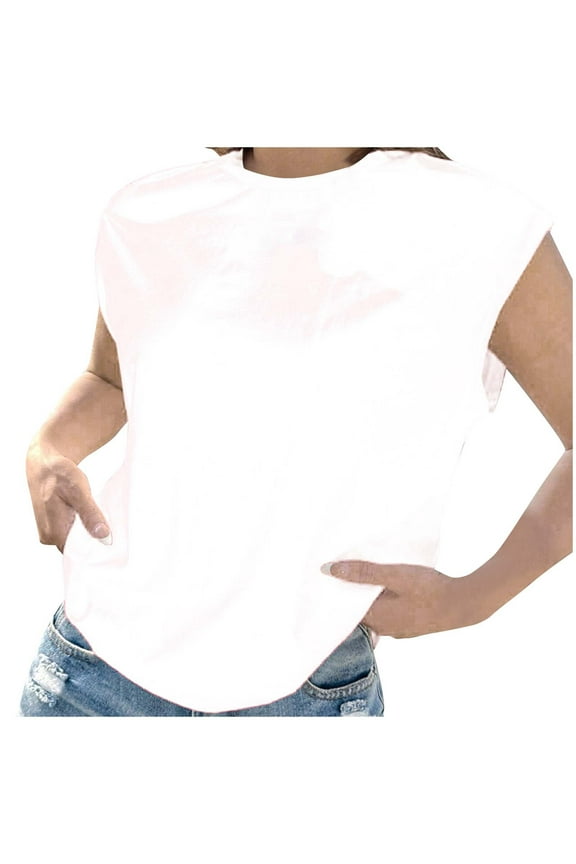 Cap Sleeve Shirts Women Crew Neck Casual Loose Solid Color T-Shirts Pullover Lightweight Basic Tops (S, White)