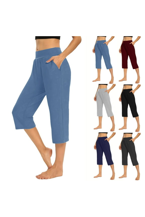 Casual Elastic Waist Capris Pants Womens Loose Stretch Workout Pants Summer Fitness Trouser Pockets (XL, Blue)