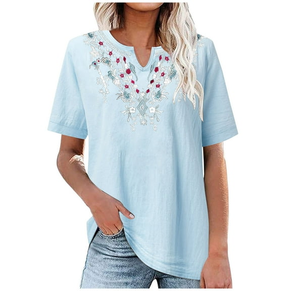 Jewelreauty Casual Embroidery Shirts for Women Cotton Linen V Neck Mexican T-Shirts Summer Loose Tunic Tops (M, Blue)