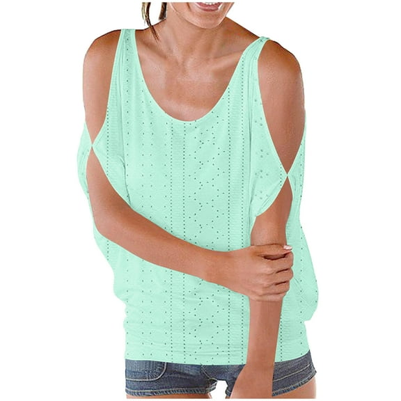 Jewelreauty Cold Shoulder Eyelet Tops for Women Short Sleeve O-Neck Casual Shirts Summer Tie Back Blouses (2XL, Mint Green)