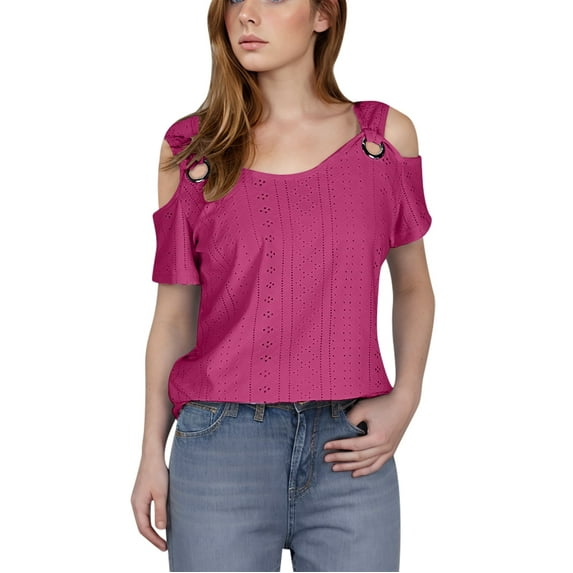 Jewelreauty Cold Shoulder Tunic Tops for Women Casual V Neck Eyelet Blouses Summer Loose Shirts