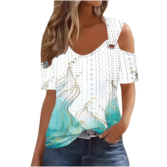 Jewelreauty Cold Shoulder Tunic Tops for Women Casual V Neck Eyelet Blouses Summer Loose Shirts