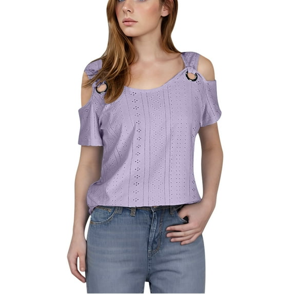 Jewelreauty Cold Shoulder Tunic Tops for Women Casual V Neck Eyelet Blouses Summer Loose Shirts