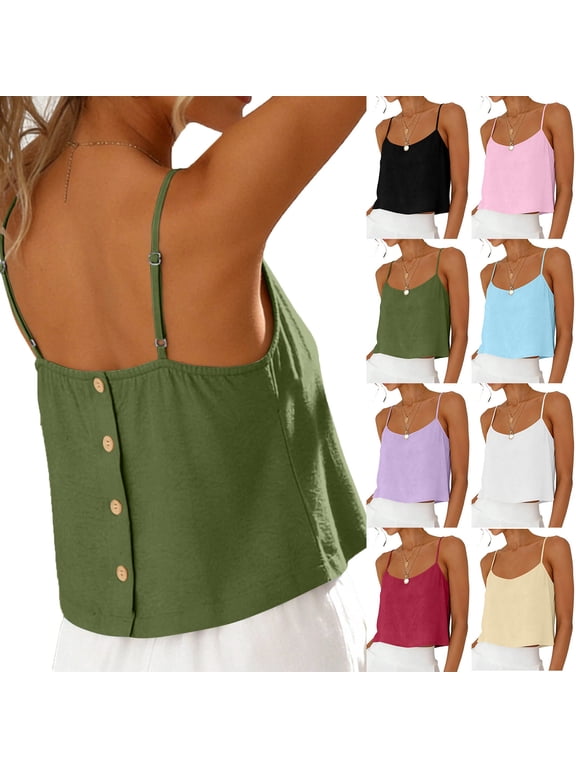 Cotton Linen Camisole Tops Reversible Button Up Cropped Adjustable Spaghetti Strap Cami Shirts (L, Green)