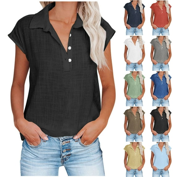 Jewelreauty Cotton Linen Cap Sleeve Tops Women Half Button V Neck Tunic Shirts Summer Casual Loose Tee Shirts (M, Black)