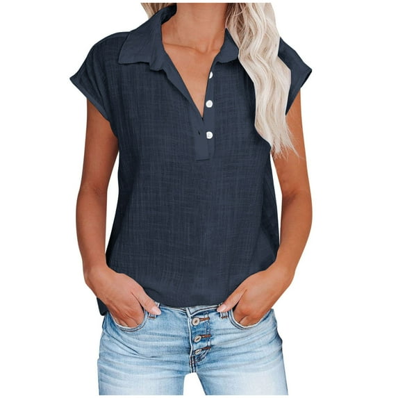 Jewelreauty Cotton Linen Cap Sleeve Tops Women Half Button V Neck Tunic Shirts Summer Casual Loose Tee Shirts (XL, Navy)
