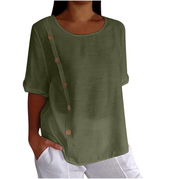 Jewelreauty Cotton Linen Elbow Length Tops Women Crewneck Side Button Tunic Shirt Summer Casual Half Sleeve Tees (L, Green)
