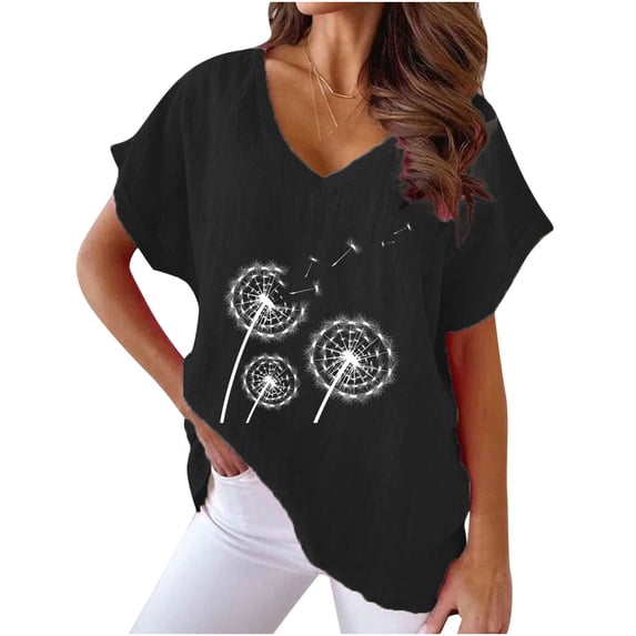Jewelreauty Cotton Linen Shirts Women Short Sleeve V Neck Floral Print T-Shirts Casual Cozy Pullover Summer Tops (3XL, C Black)