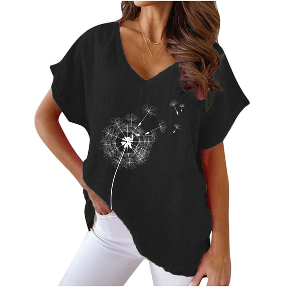 Jewelreauty Cotton Linen Shirts Women Short Sleeve V Neck Floral Print T-Shirts Casual Cozy Pullover Summer Tops (L, B Black)