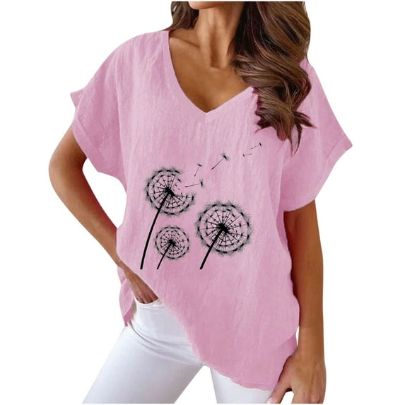 Jewelreauty Cotton Linen Shirts Women Short Sleeve V Neck Floral Print T-Shirts Casual Cozy Pullover Summer Tops (L, C Pink)