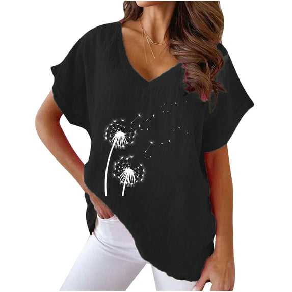 Jewelreauty Cotton Linen Shirts Women Short Sleeve V Neck Floral Print T-Shirts Casual Cozy Pullover Summer Tops (S, A Black)