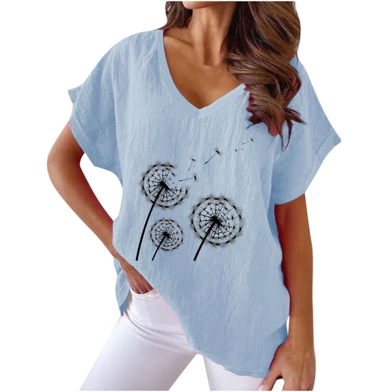 Jewelreauty Cotton Linen Shirts Women Short Sleeve V Neck Floral Print T-Shirts Casual Cozy Pullover Summer Tops (XL, C Light Blue)