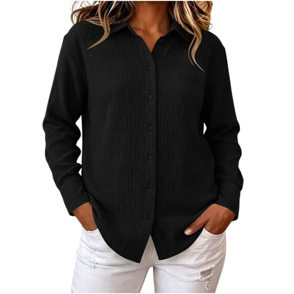 Jewelreauty Cotton Long Sleeve Shirts for Women Button Down Relaxed Fit Lapel Collar Dressy Casual Blouses (M, Black)