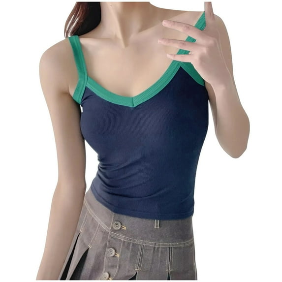 Jewelreauty Cotton Tank Top Women Summer Casual Slim Fit Spaghetti Strap Tops Workout Basic Tee Blouses (S, Navy)