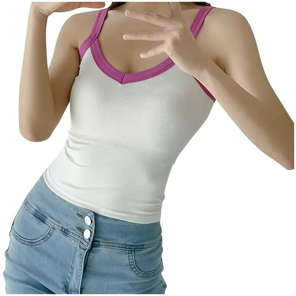 Jewelreauty Cotton Tank Top Women Summer Casual Slim Fit Spaghetti Strap Tops Workout Basic Tee Blouses (S, Pink)