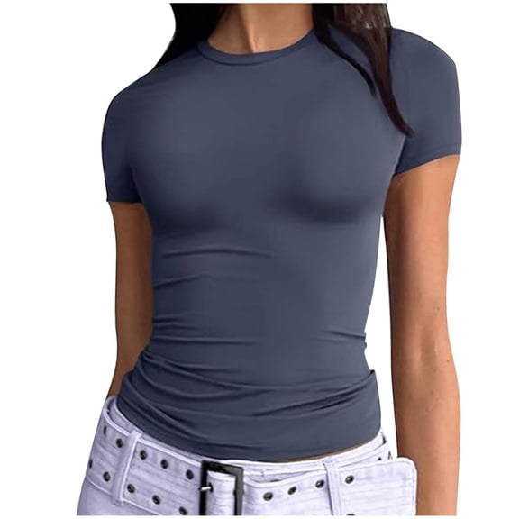 Jewelreauty Cotton Tshirts Slim Fit Short Sleeve Y2k Casual Crop Tops for Women Summer Going Out Tees Solid Color (L, Navy)