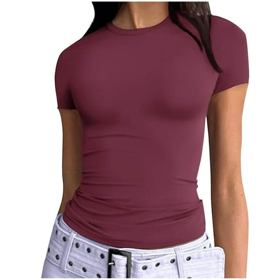 Jewelreauty Cotton Tshirts Slim Fit Short Sleeve Y2k Casual Crop Tops for Women Summer Going Out Tees Solid Color (S, Wine)