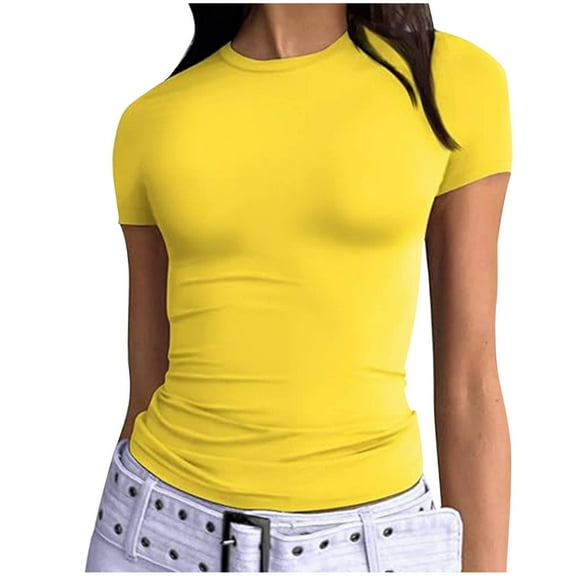 Jewelreauty Cotton Tshirts Slim Fit Short Sleeve Y2k Casual Crop Tops for Women Summer Going Out Tees Solid Color (XS, Yellow)