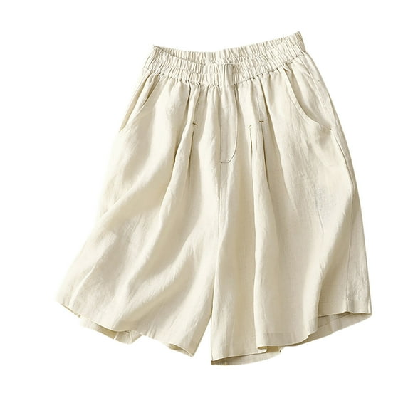 Jewelreauty Elastic Waist Pleated Shorts for Women Casual Cotton Linen Loose Pull On Pockets Shorts