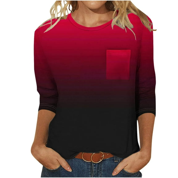 Jewelreauty Elbow Length Crewneck Shirts Women 3/4 Sleeve Casual Loose T-Shirts Summer Gradient Tunic Tops with Pocket (S, Red)