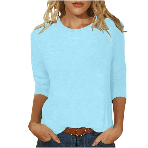 Jewelreauty Elbow Length Crewneck Shirts Women 3/4 Sleeve Casual Loose T-Shirts Summer Solid Tunic Tops Tees (2XL, Sky Blue)