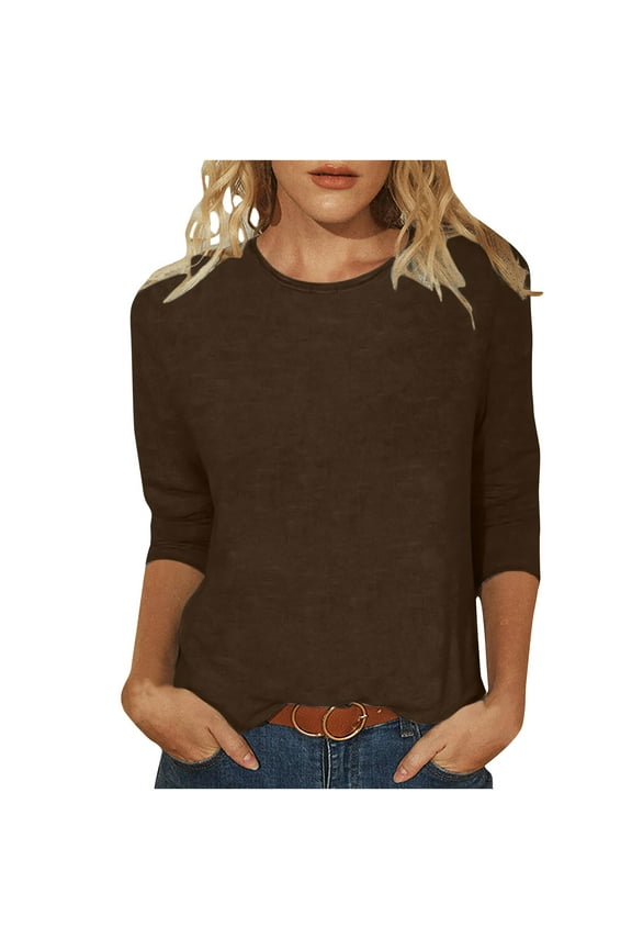Elbow Length Crewneck Shirts Women 3/4 Sleeve Casual Loose T-Shirts Summer Solid Tunic Tops Tees (L, Dark Brown)