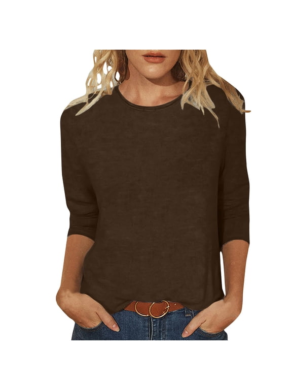 Elbow Length Crewneck Shirts Women 3/4 Sleeve Casual Loose T-Shirts Summer Solid Tunic Tops Tees (S, Dark Brown)