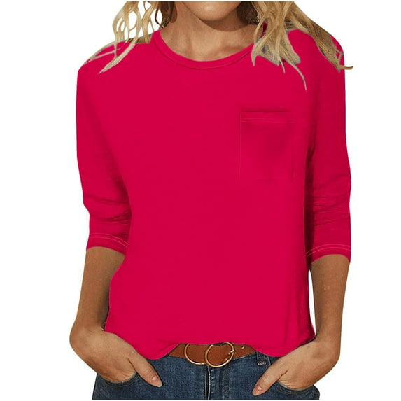 Jewelreauty Elbow Length Crewneck Shirts Women 3/4 Sleeve Casual Loose T-Shirts Summer Solid Tunic Tops with Pocket (2XL, Hot Pink)
