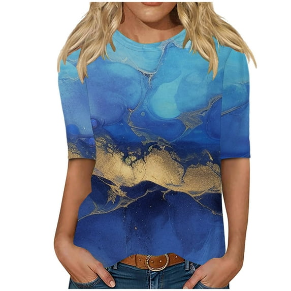 Jewelreauty Elbow Length Crewneck Shirts Women Casual Loose Graphic T-Shirts Summer Basic Tee Half Sleeve Tops (S, Blue)