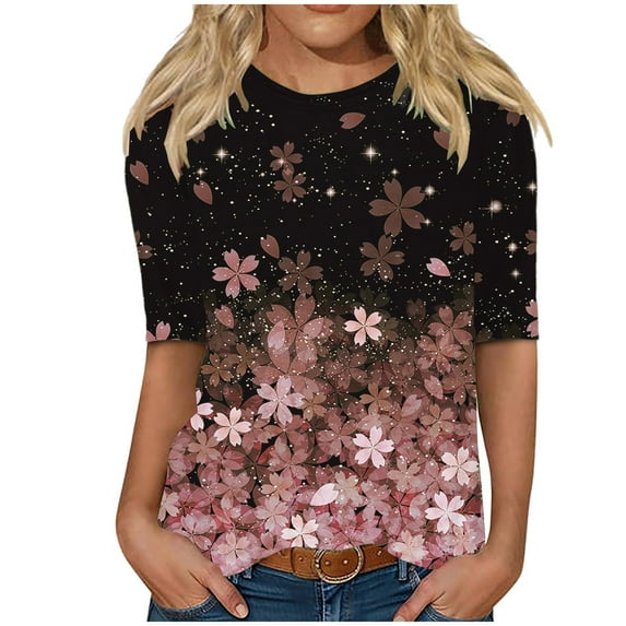 Jewelreauty Elbow Length Crewneck Shirts Women Casual Loose Graphic T-Shirts Summer Basic Tee Half Sleeve Tops (S, Pink)