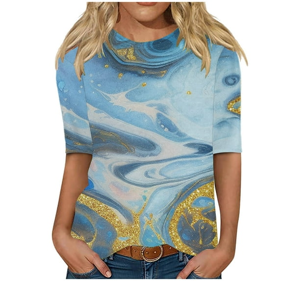 Jewelreauty Elbow Length Crewneck Shirts Women Casual Loose Graphic T-Shirts Summer Basic Tee Half Sleeve Tops (XL, Light Blue)