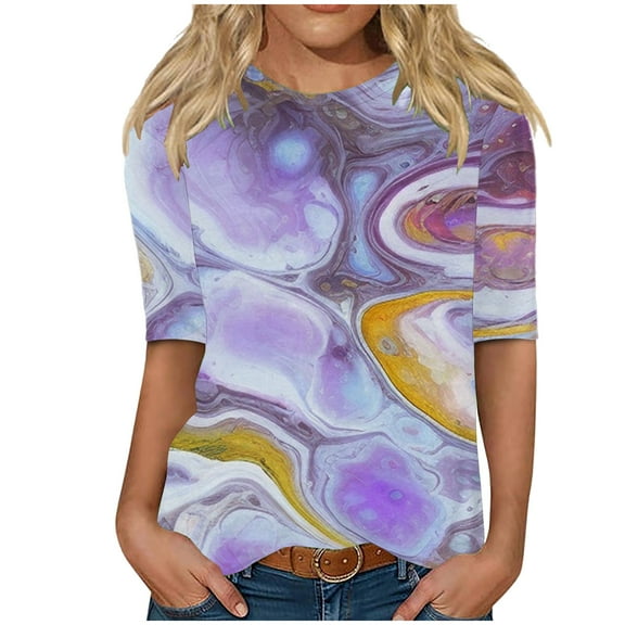 Jewelreauty Elbow Length Crewneck Shirts Women Casual Loose Graphic T-Shirts Summer Basic Tunic Tops (S, Purple)