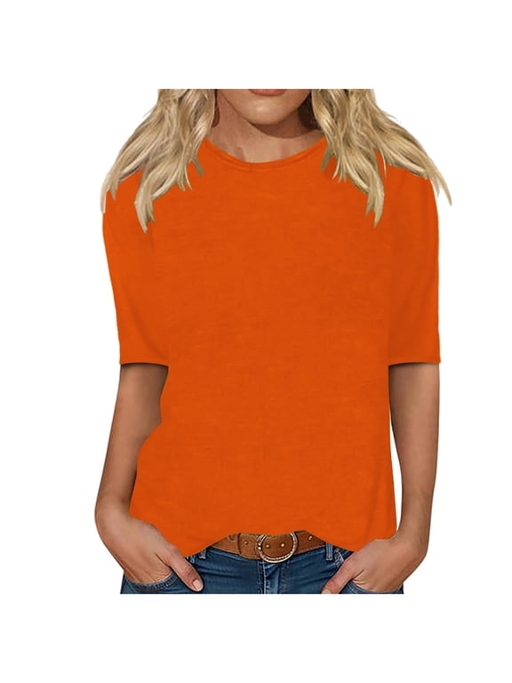 Elbow Length Crewneck Shirts Women Casual Loose Solid Color T-Shirts Summer Basic Tee Half Sleeve Tops (L, Orange)