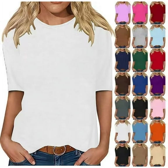 Jewelreauty Elbow Length Crewneck Shirts Women Casual Loose Solid Color T-Shirts Summer Basic Pullover Tops (S, White)