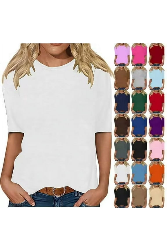 Elbow Length Crewneck Shirts Women Casual Loose Solid Color T-Shirts Summer Basic Pullover Tops (S, White)