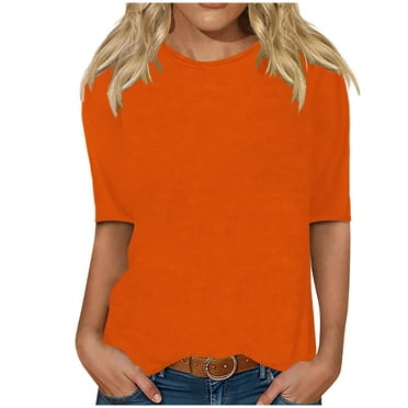 Jewelreauty Elbow Length Crewneck Shirts Women Casual Loose Solid Color T-Shirts Summer Basic Pullover Tops (XL, Orange)