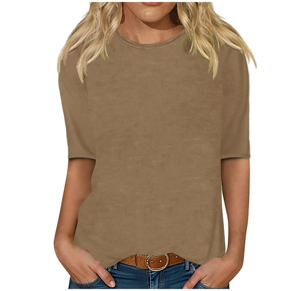 Jewelreauty Elbow Length Crewneck Shirts Women Casual Loose Solid Color T-Shirts Summer Basic Tee Half Sleeve Tops (2XL, Khaki)