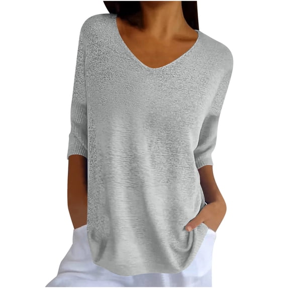Jewelreauty Elbow Length Knit Tops for Women Casual V Neck Plus Size Tunic Tees Summer Half Sleeve Solid Color Shirts (2XL, Gray)