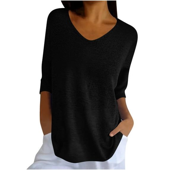 Jewelreauty Elbow Length Knit Tops for Women Casual V Neck Plus Size Tunic Tees Summer Half Sleeve Solid Color Shirts (L, Black)