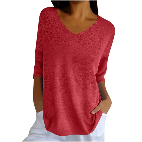 Jewelreauty Elbow Length Knit Tops for Women Casual V Neck Plus Size Tunic Tees Summer Half Sleeve Solid Color Shirts (M, Red)