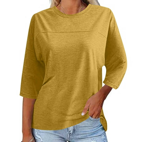 Jewelreauty Elbow Length Tops for Women Casual Crewneck Basic Tee Shirts Summer Loose Going Out Blouses (XL, Yellow)